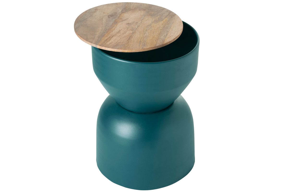 Mesa auxiliar redonda de diseo con almacenaje de metal azul petrleo y madera maciza de mango 30 cm YOYO