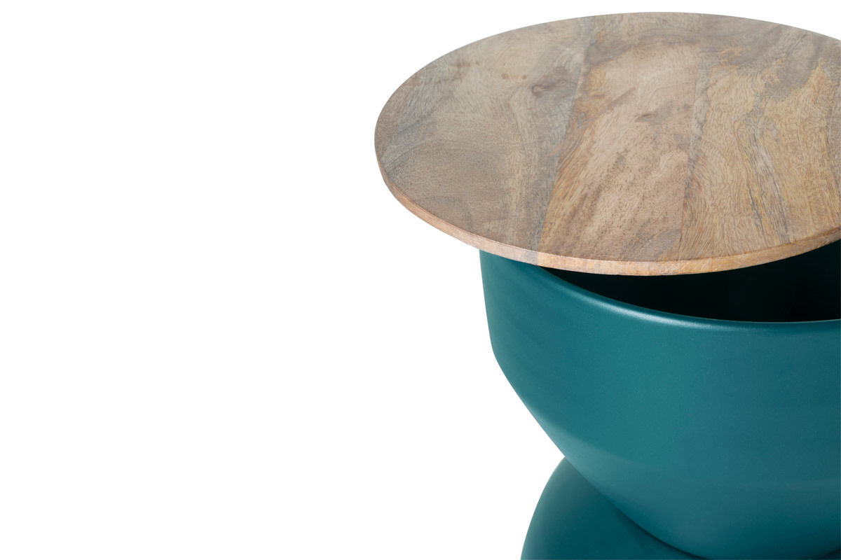 Mesa auxiliar redonda de diseo con almacenaje de metal azul petrleo y madera maciza de mango 30 cm YOYO