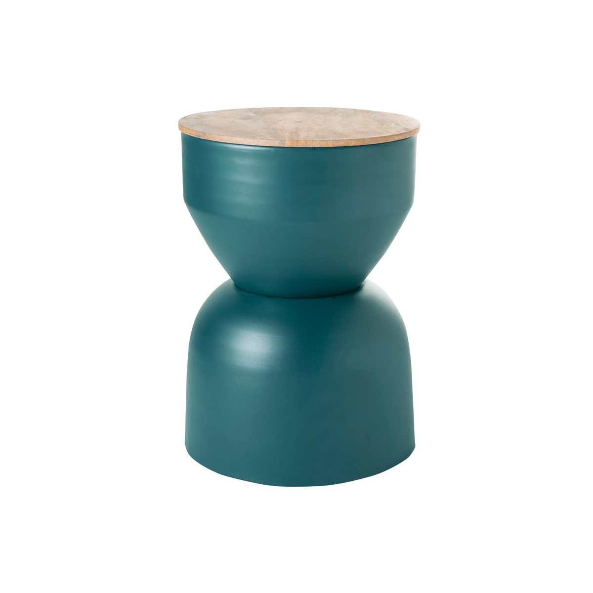 Mesa auxiliar redonda de diseño con almacenaje de metal azul petróleo y madera maciza de mango 30 cm YOYO