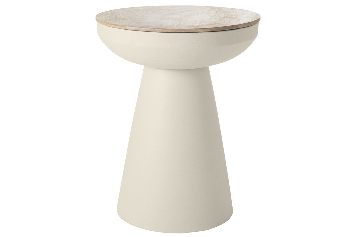 Mesa auxiliar redonda de diseo con almacenaje de metal greige y madera maciza de mango 52 cm TAM