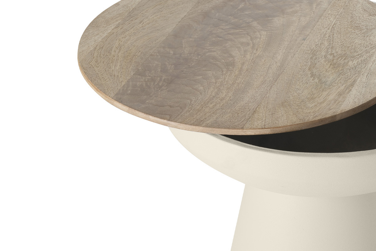 Mesa auxiliar redonda de diseo con almacenaje de metal greige y madera maciza de mango 52 cm TAM