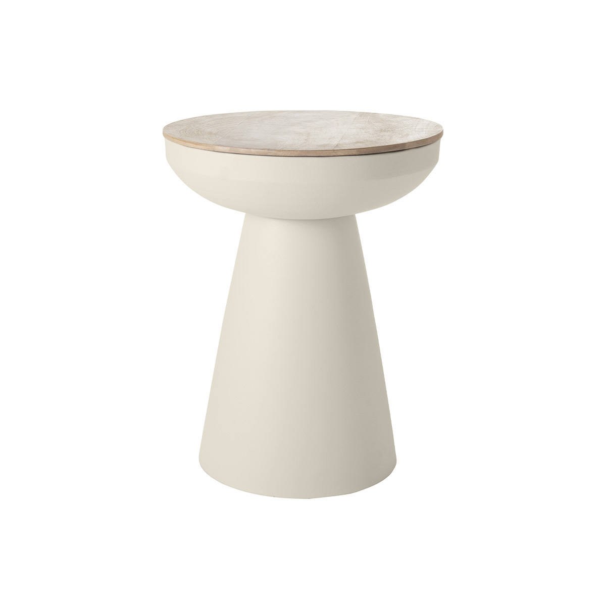 Mesa auxiliar redonda de diseño con almacenaje de metal greige y madera maciza de mango 52 cm TAM