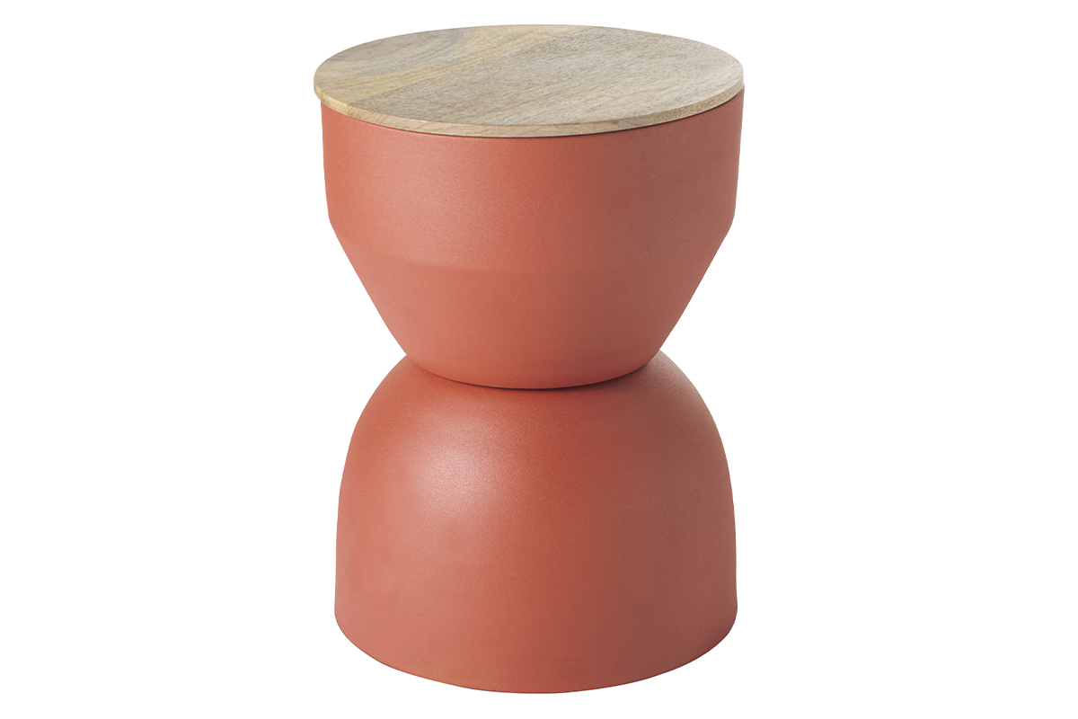 Mesa auxiliar redonda de diseo con almacenaje de metal terracota y madera maciza de mango 30 cm YOYO