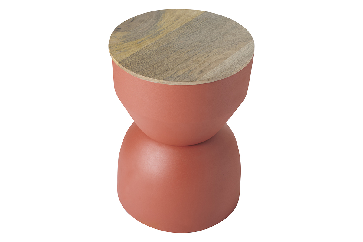 Mesa auxiliar redonda de diseo con almacenaje de metal terracota y madera maciza de mango 30 cm YOYO