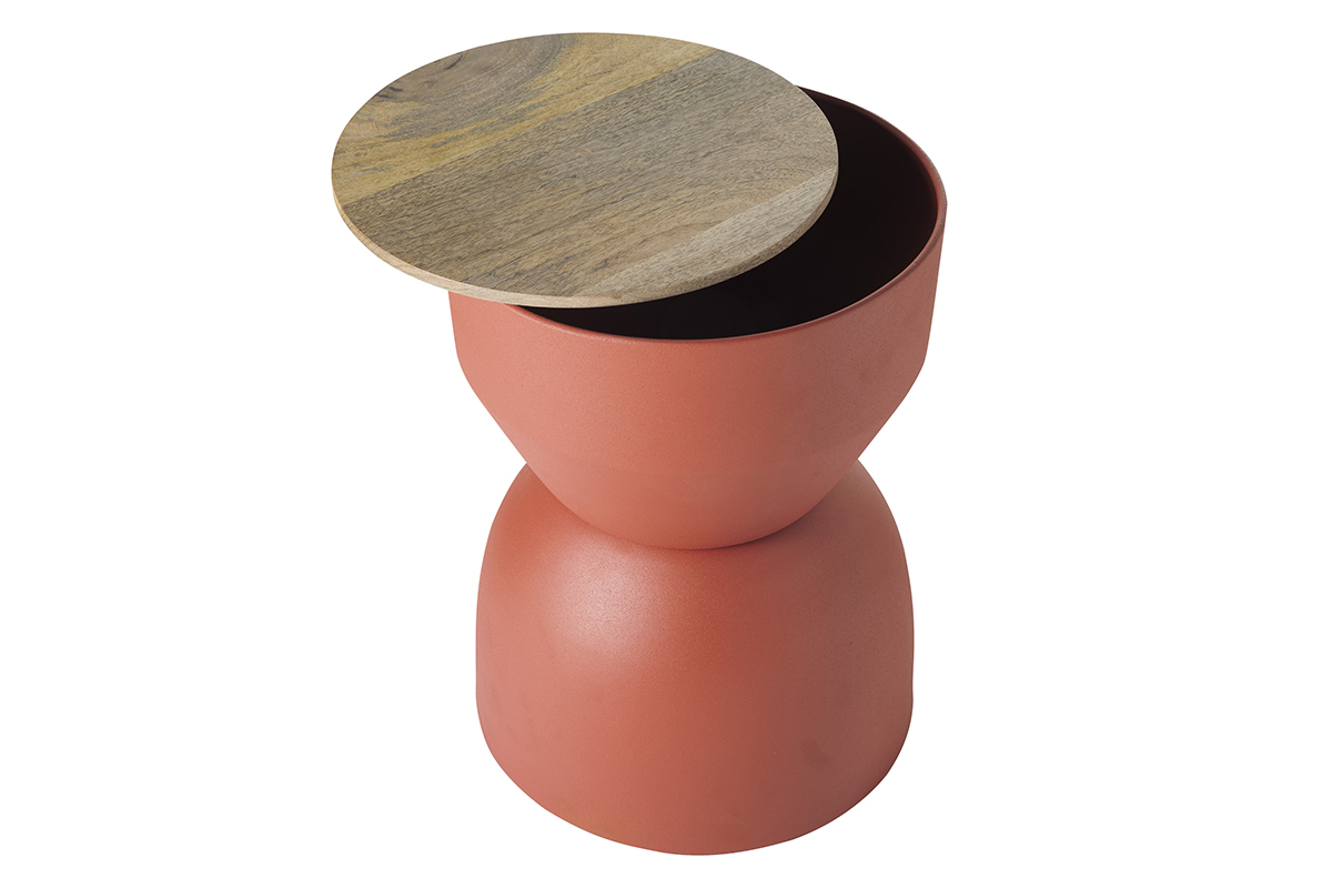 Mesa auxiliar redonda de diseo con almacenaje de metal terracota y madera maciza de mango 30 cm YOYO