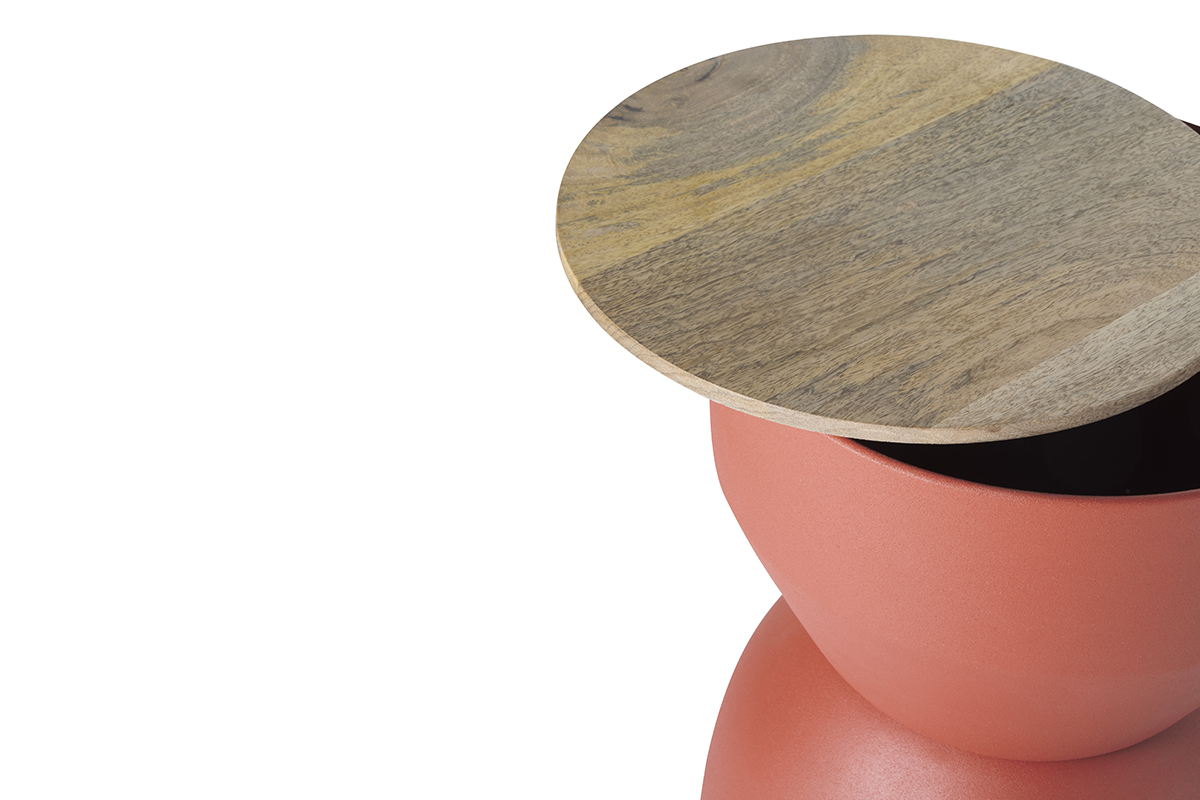 Mesa auxiliar redonda de diseo con almacenaje de metal terracota y madera maciza de mango 30 cm YOYO