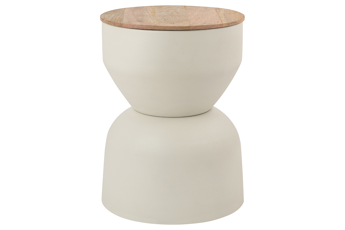 Mesa auxiliar redonda de diseo con almacenamiento en metal beige y madera maciza de mango  30 cm YOYO