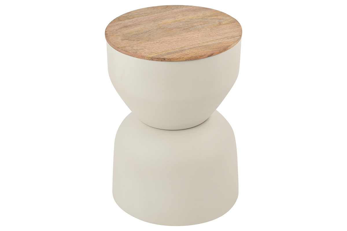 Mesa auxiliar redonda de diseo con almacenamiento en metal beige y madera maciza de mango  30 cm YOYO