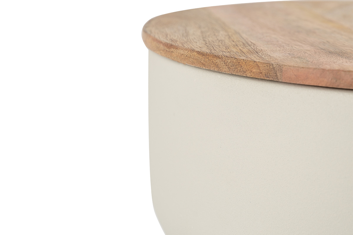 Mesa auxiliar redonda de diseo con almacenamiento en metal beige y madera maciza de mango  30 cm YOYO