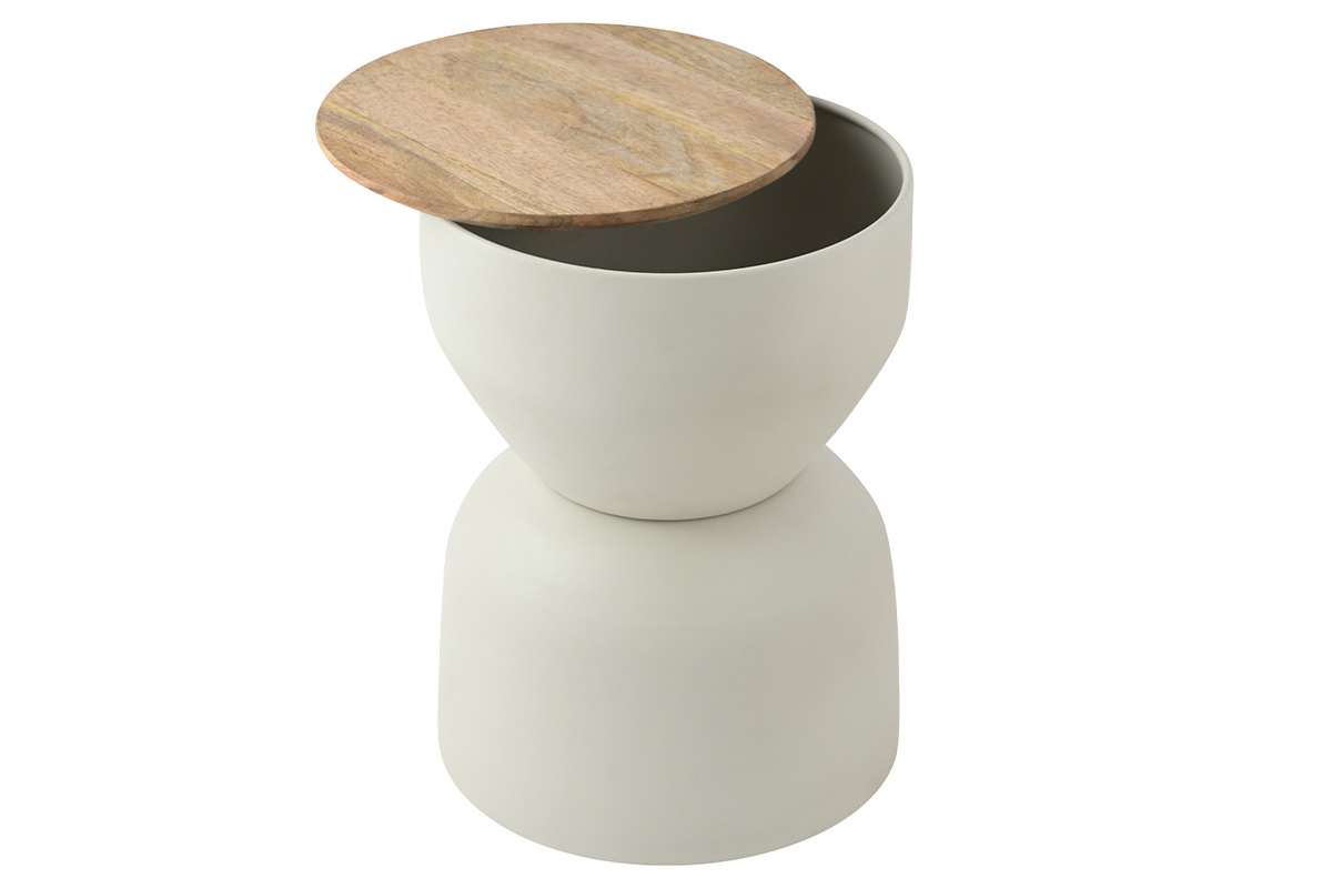 Mesa auxiliar redonda de diseo con almacenamiento en metal beige y madera maciza de mango  30 cm YOYO