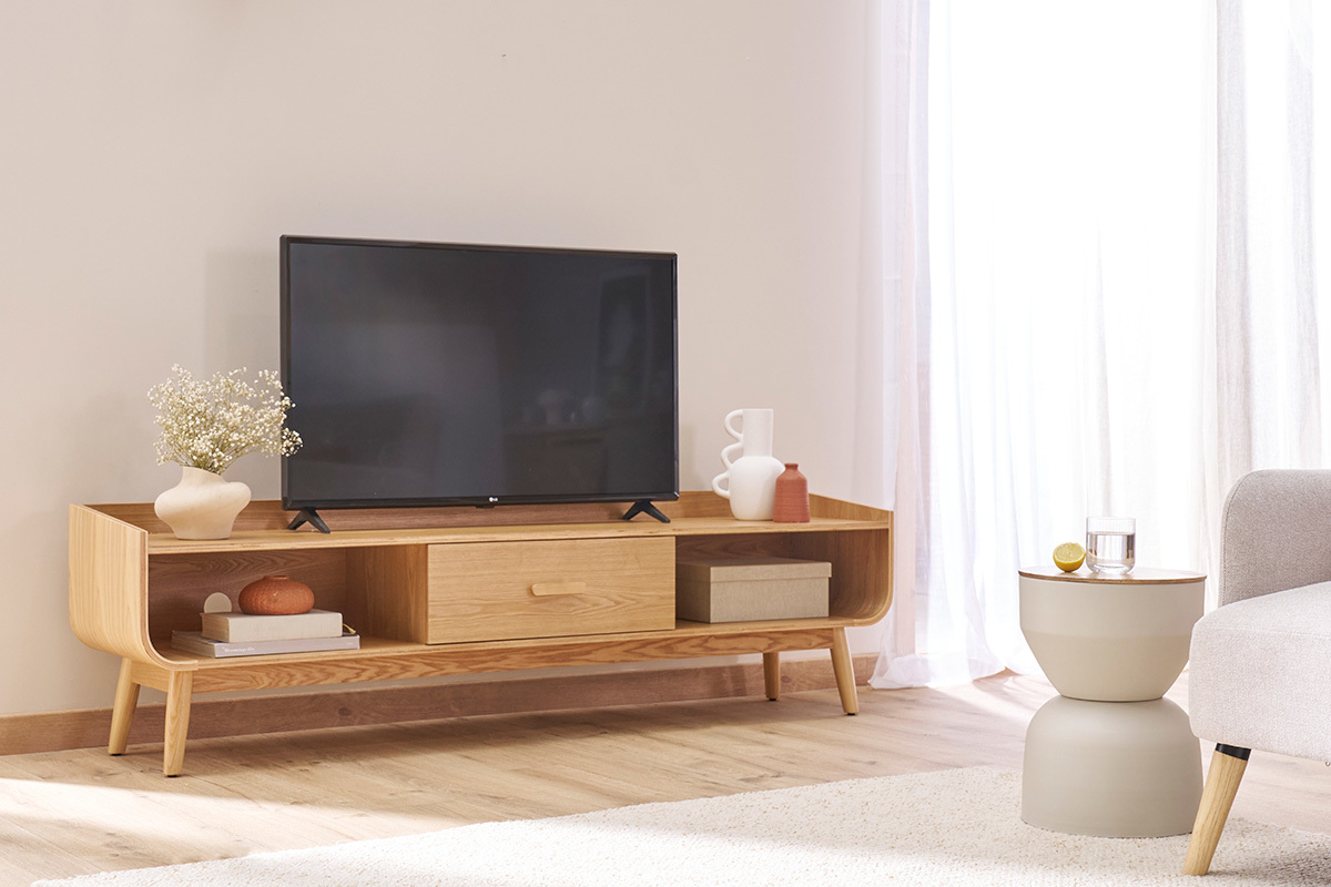 Mesa auxiliar redonda de diseño con almacenamiento en metal beige y madera maciza de mango Ø 30 cm YOYO