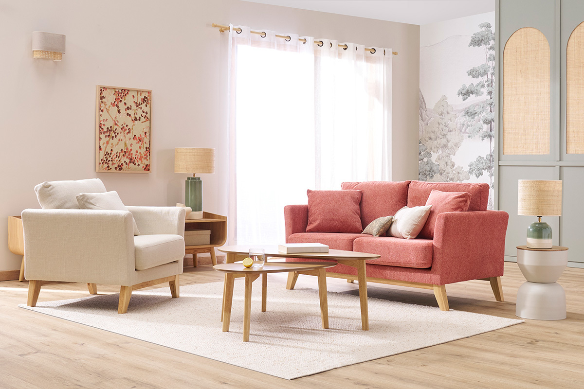 Mesa auxiliar redonda de diseño con almacenamiento en metal beige y madera maciza de mango Ø 30 cm YOYO