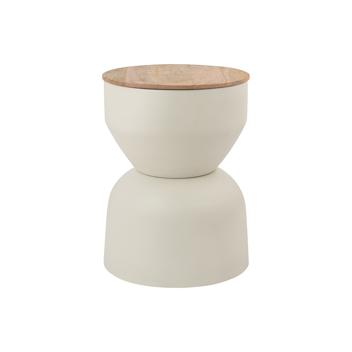 Mesa auxiliar redonda de diseño con almacenamiento en metal beige y madera maciza de mango Ø 30 cm YOYO
