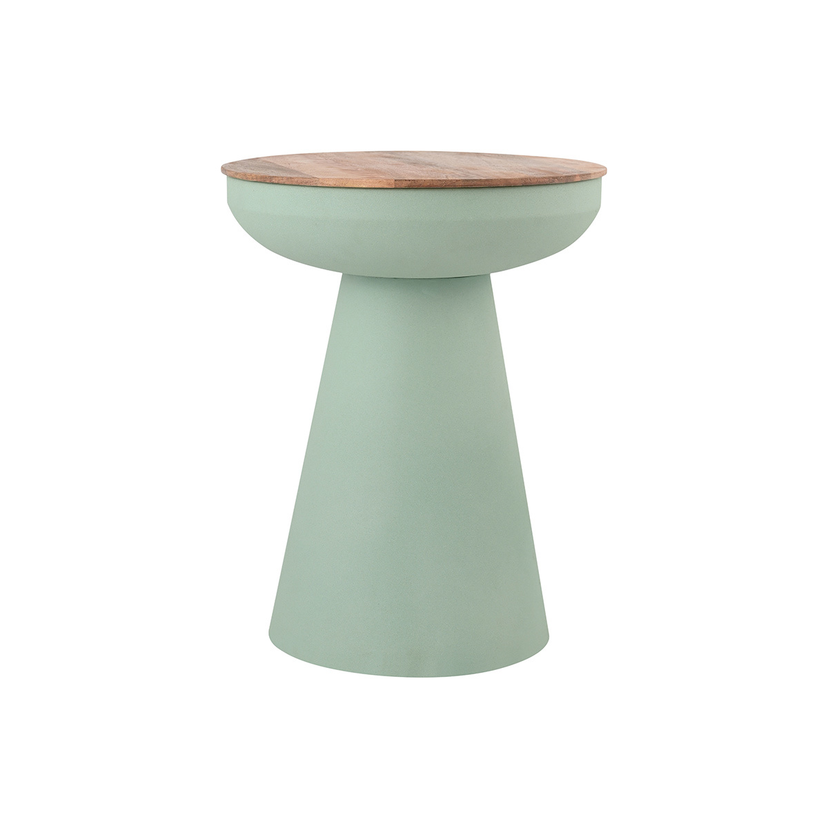 Mesa auxiliar redonda de diseño con almacenamiento en metal celadón y madera maciza de mango H52 cm TAM