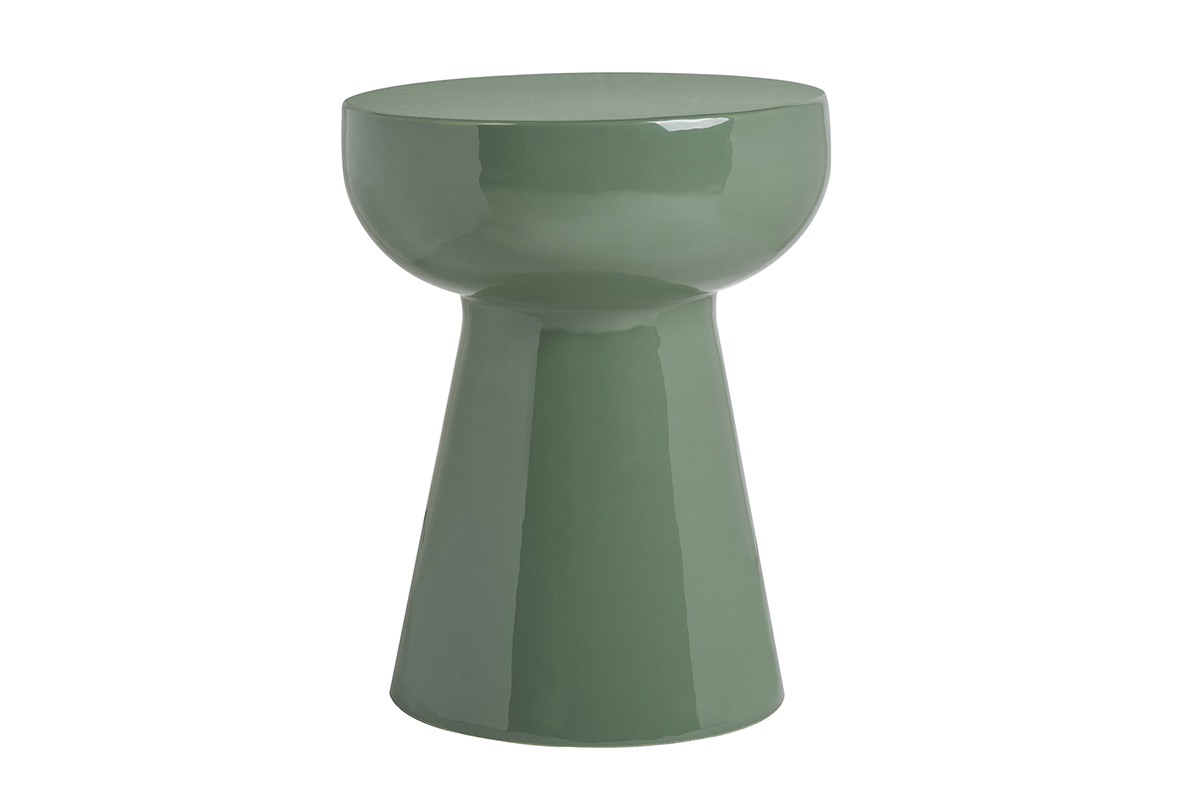 Mesa auxiliar redonda de metal esmaltado en verde caqui, vista frontal.