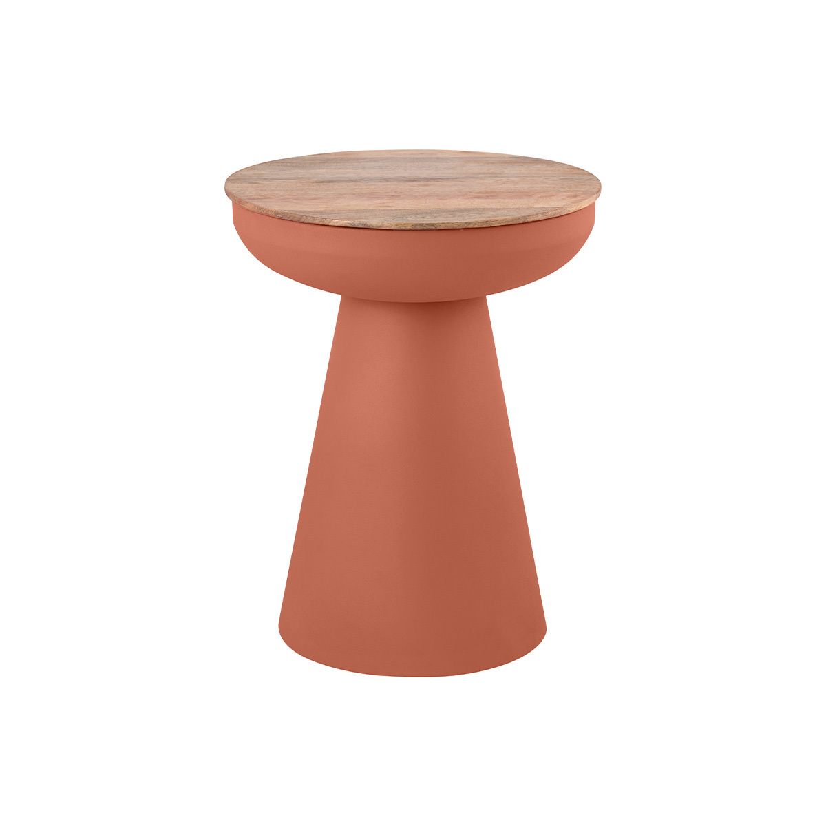 Mesa auxiliar redonda diseño con almacenamiento en metal tierra quemada y madera maciza de mango H52 cm TAM