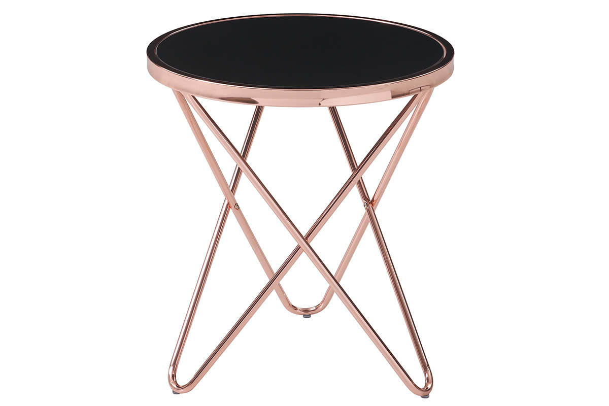 Mesa auxiliar redonda en metal cobrizo y vidrio negro VEGA
