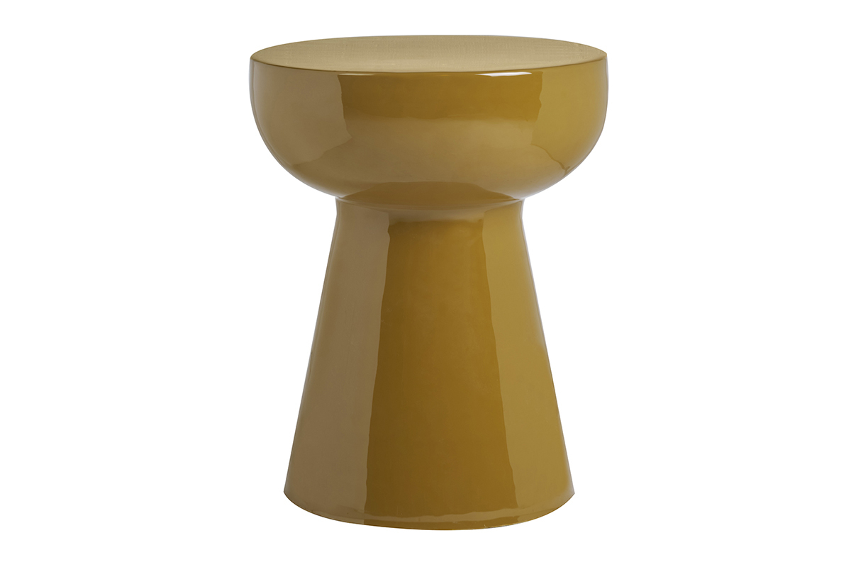 Mesa auxiliar redonda de metal esmaltado en bronce vista de frente.