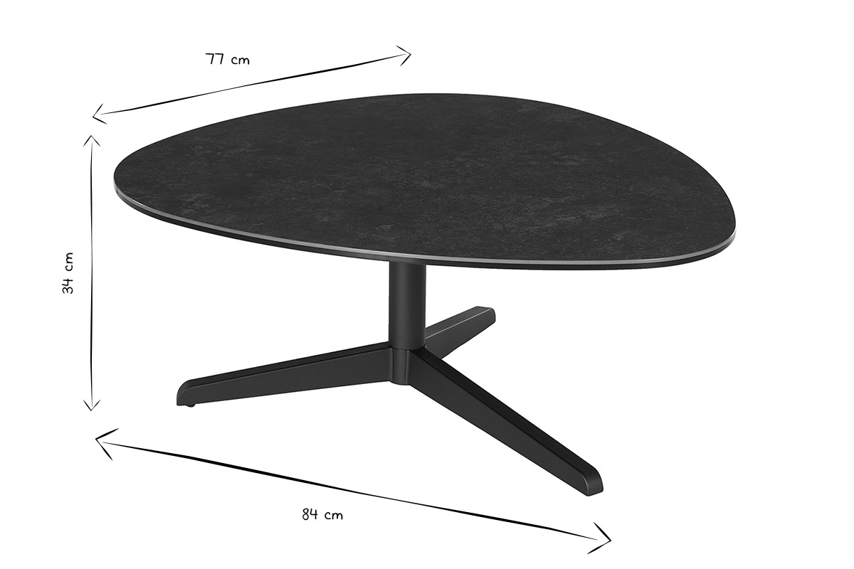 Mesa de centro negra y blanca con dimensiones L84 cm, P77 cm, H34 cm.