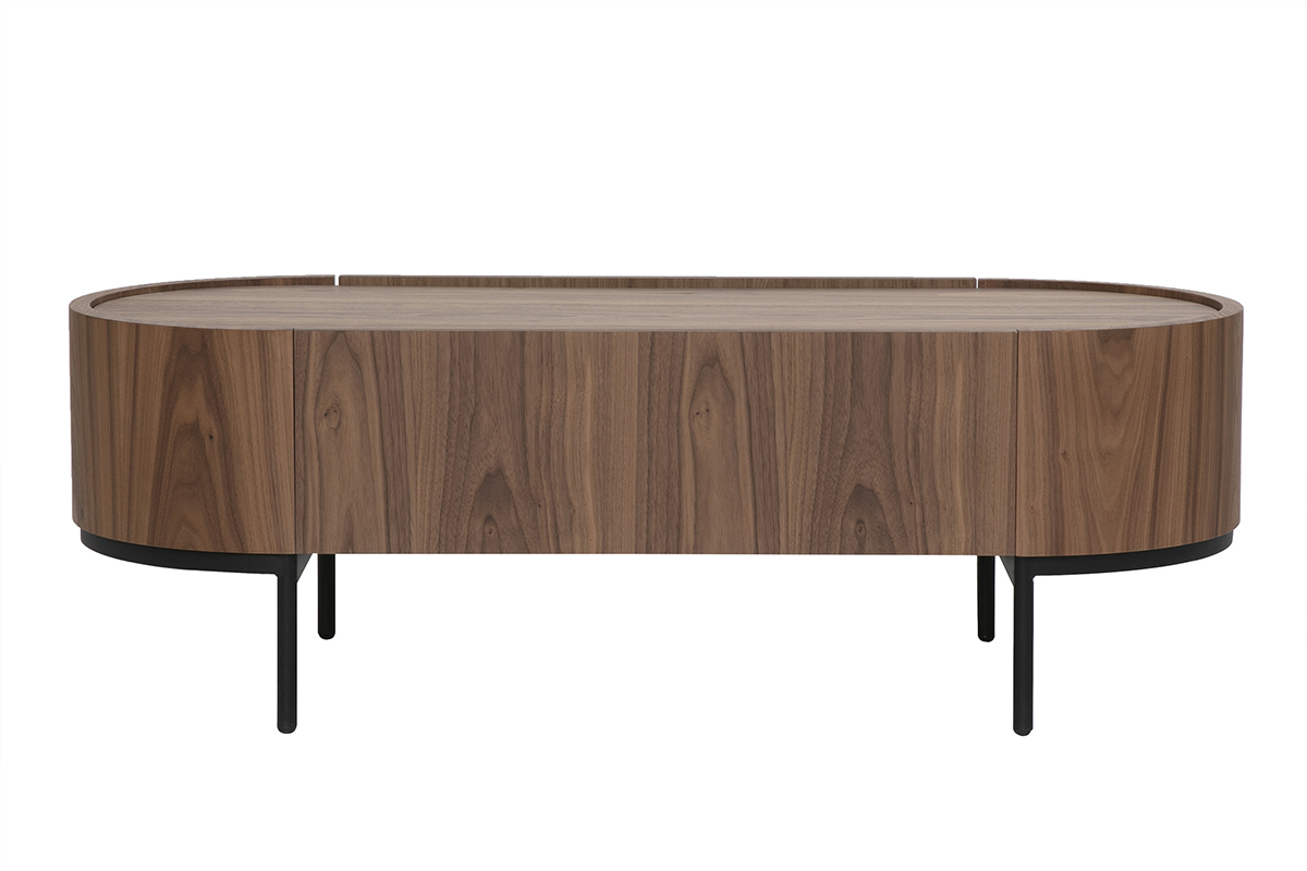 Mesa de centro de dise�o en madera oscura de nogal y metal negro, vista trasera con caj�n integrado.