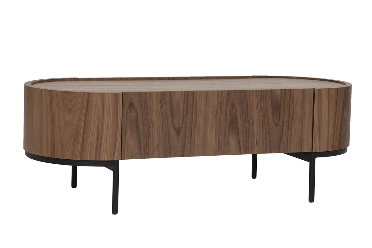 Mesa de centro de dise�o ovalada en madera oscura nogal con metal negro, vista de 3/4