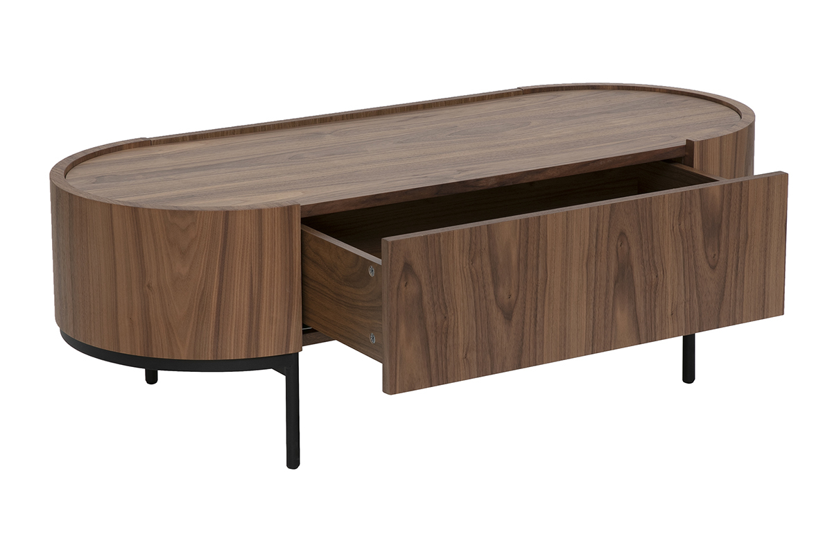 Mesa de centro ovalada de madera de nogal oscuro con caj�n, metal negro, vista 3/4.