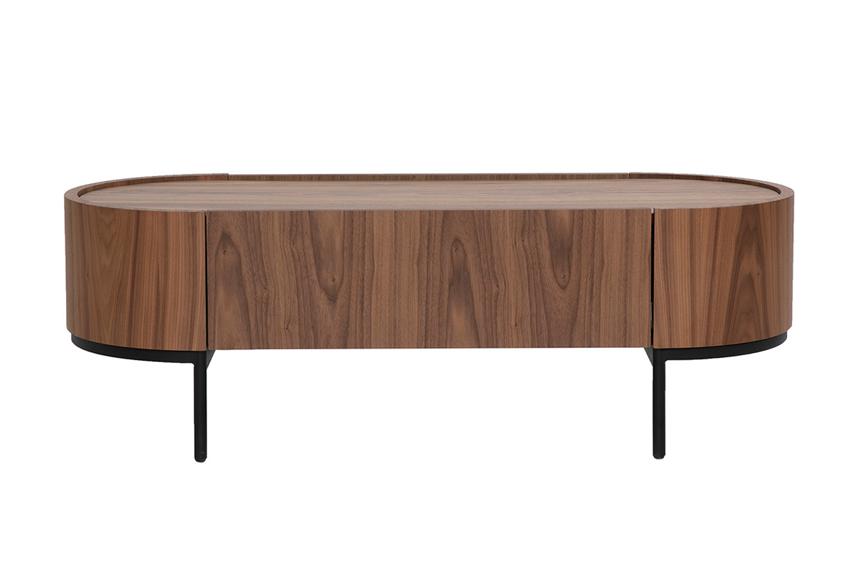 Mesa de centro de dise�o en madera oscura de nogal y metal negro, vista frontal, con caj�n integrado.