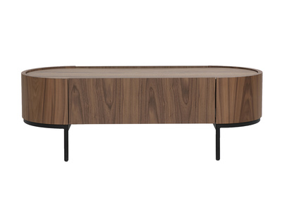 Mesa baja de dise&ntilde;o madera oscura nogal y metal negro con almacenaje L120 cm SKYE