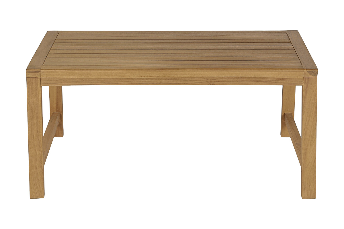 Mesa de centro rectangular de teca maciza de 100 cm, vista frontal, de dise�o natural y elegante.
