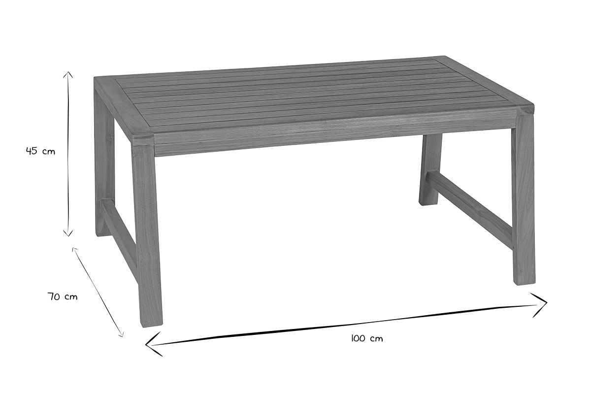 Dimensiones de la mesa de centro rectangular de teca maciza: 100 cm x 70 cm x 45 cm en blanco y negro.