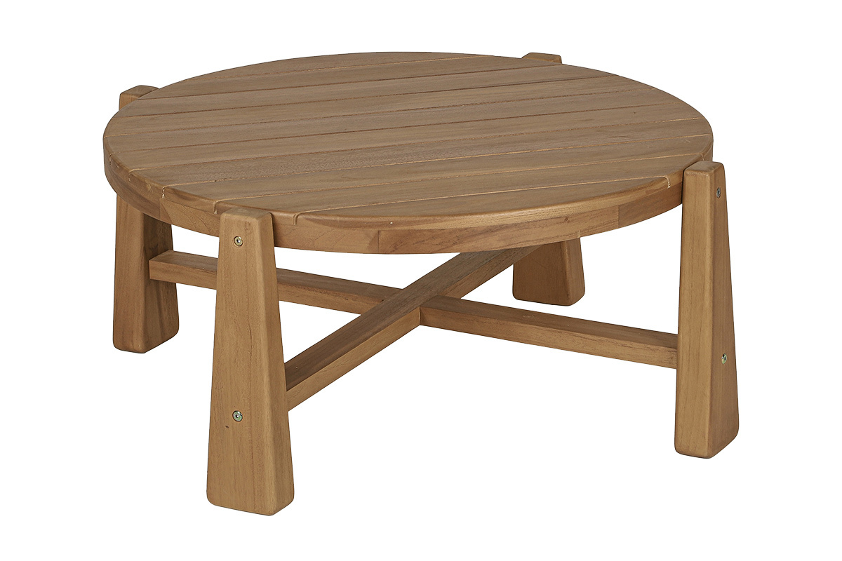 Mesa baja de jard�n redonda de teca maciza, 82 cm de di�metro, vista en tres cuartos.