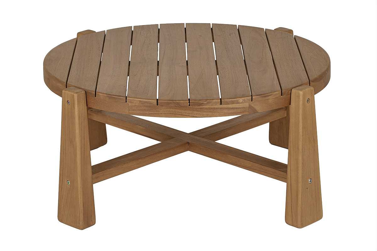 Mesa baja redonda de teca maciza de 82 cm, vista frontal, con patas en cruz y tablero de lamas.