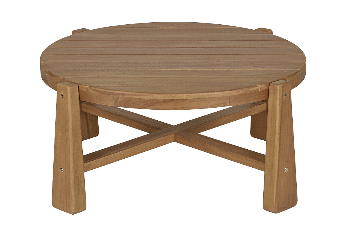 Mesa baja redonda de teca maciza con patas triangulares, vista de perfil