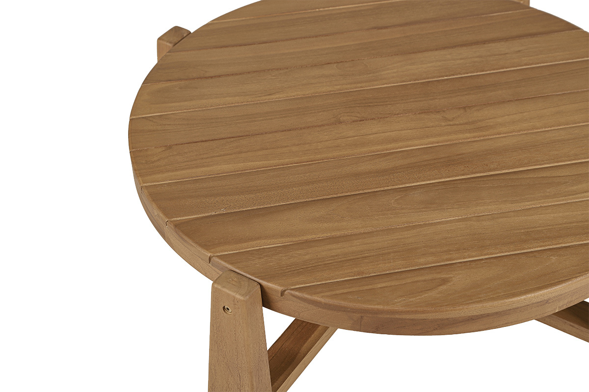 Mesa baja redonda de teca maciza con tablero de listones, vista superior