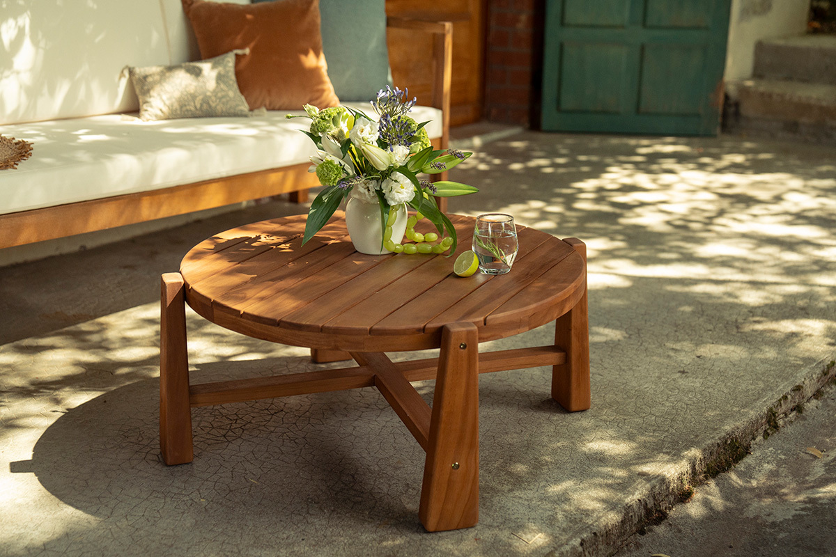Mesa baja de jard�n redonda de madera de teca maciza D82 cm CAROLINA