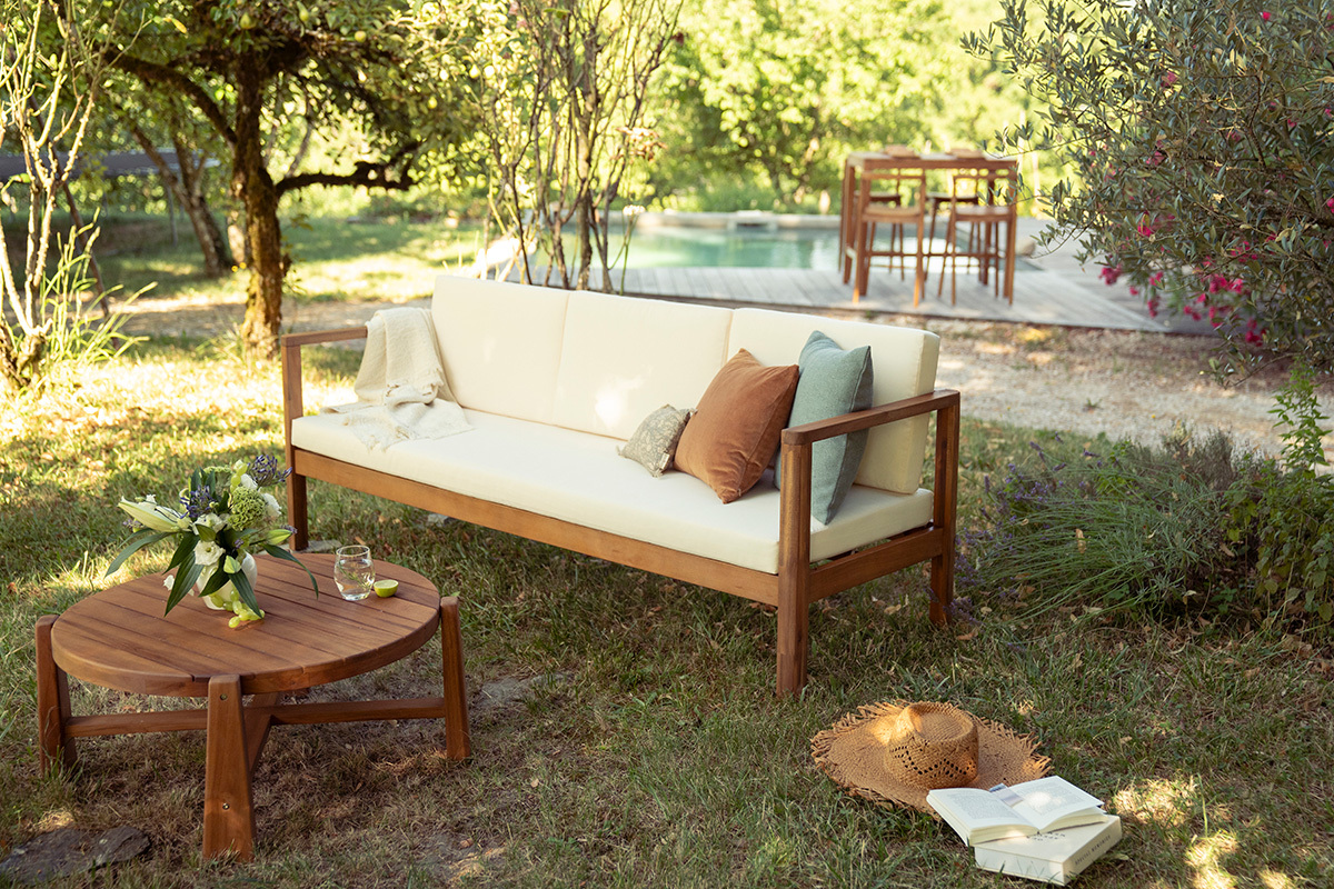 Mesa baja de jard�n redonda de madera de teca maciza D82 cm CAROLINA