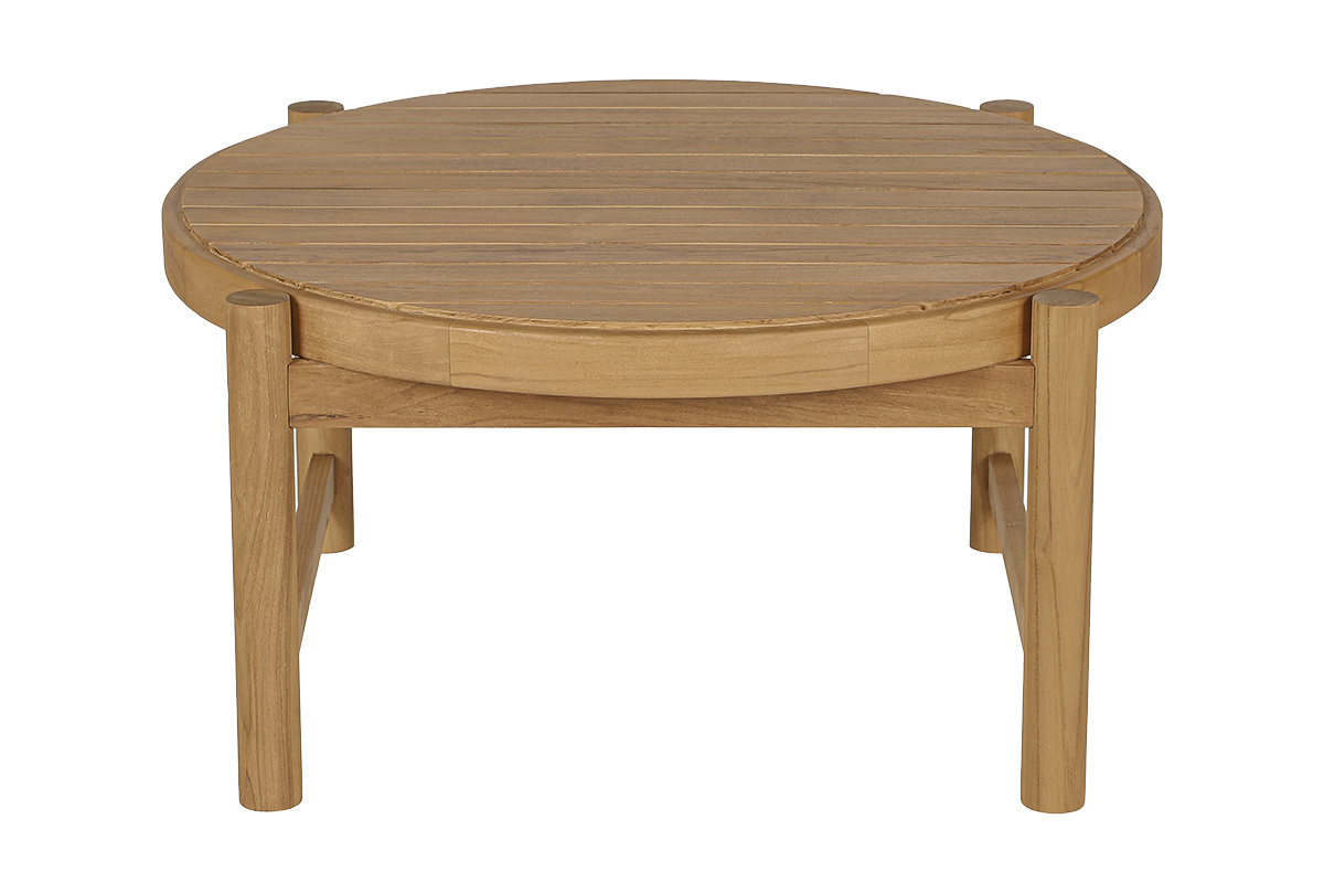 Mesa baja redonda de madera maciza de teca, 80 cm de di�metro, vista de perfil