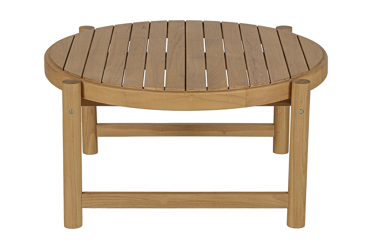 Mesa baja de jard�n redonda de teca maciza, vista frontal, D80 cm, patas redondas.