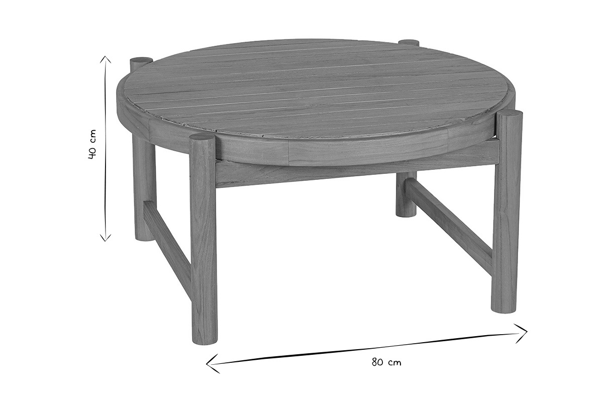 Dimensiones de la mesa baja redonda MOANA en teca maciza, 80 cm de di�metro y 40 cm de altura, en blanco y negro.