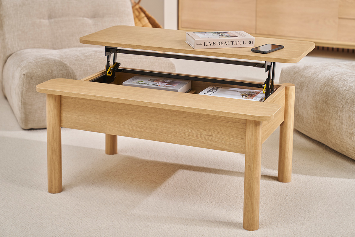 Mesa baja elevable acabado madera roble L100 cm BOLSO