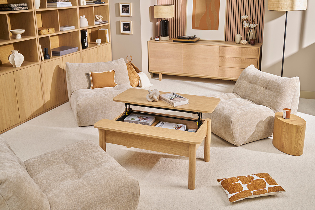 Mesa baja elevable acabado madera roble L100 cm BOLSO