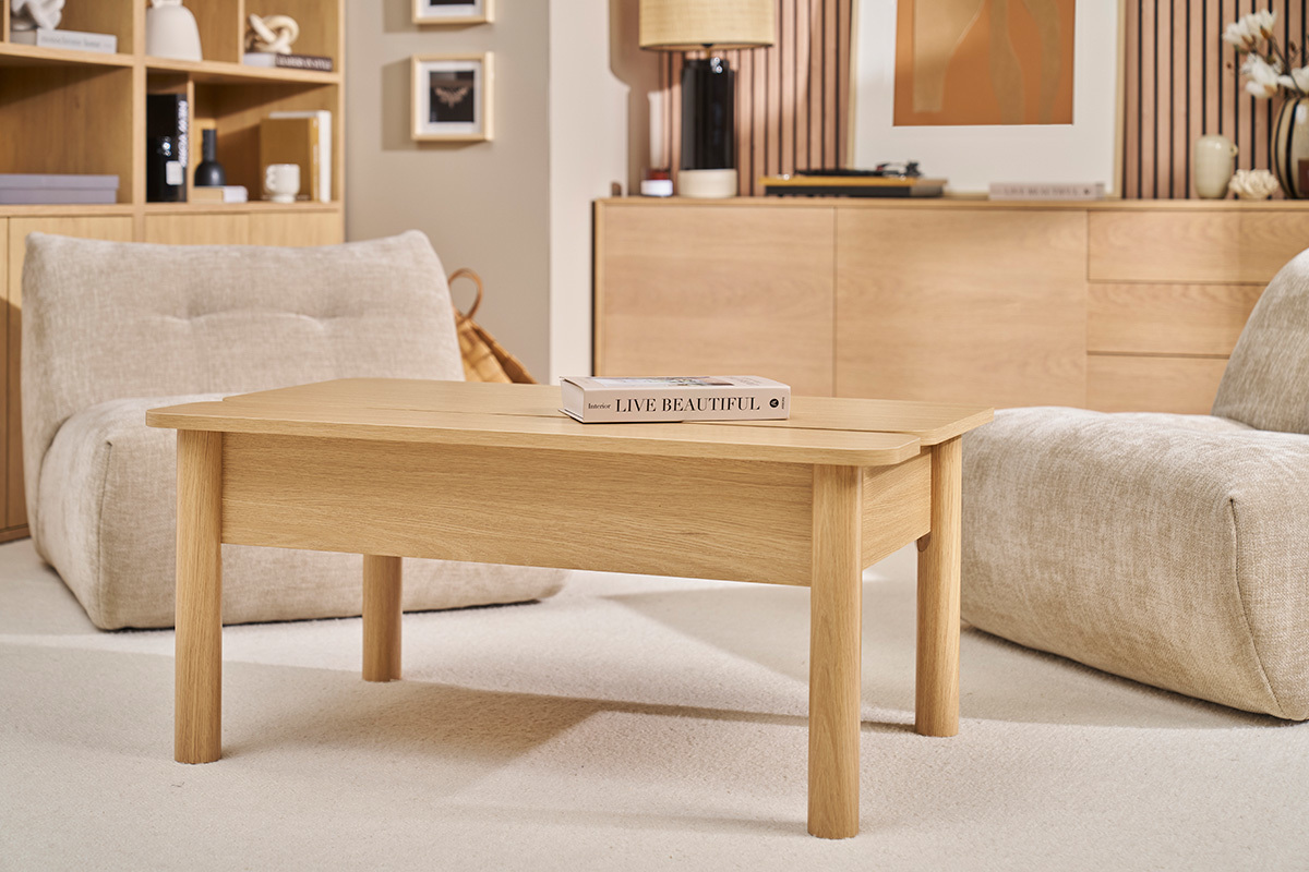 Mesa baja elevable acabado madera roble L100 cm BOLSO