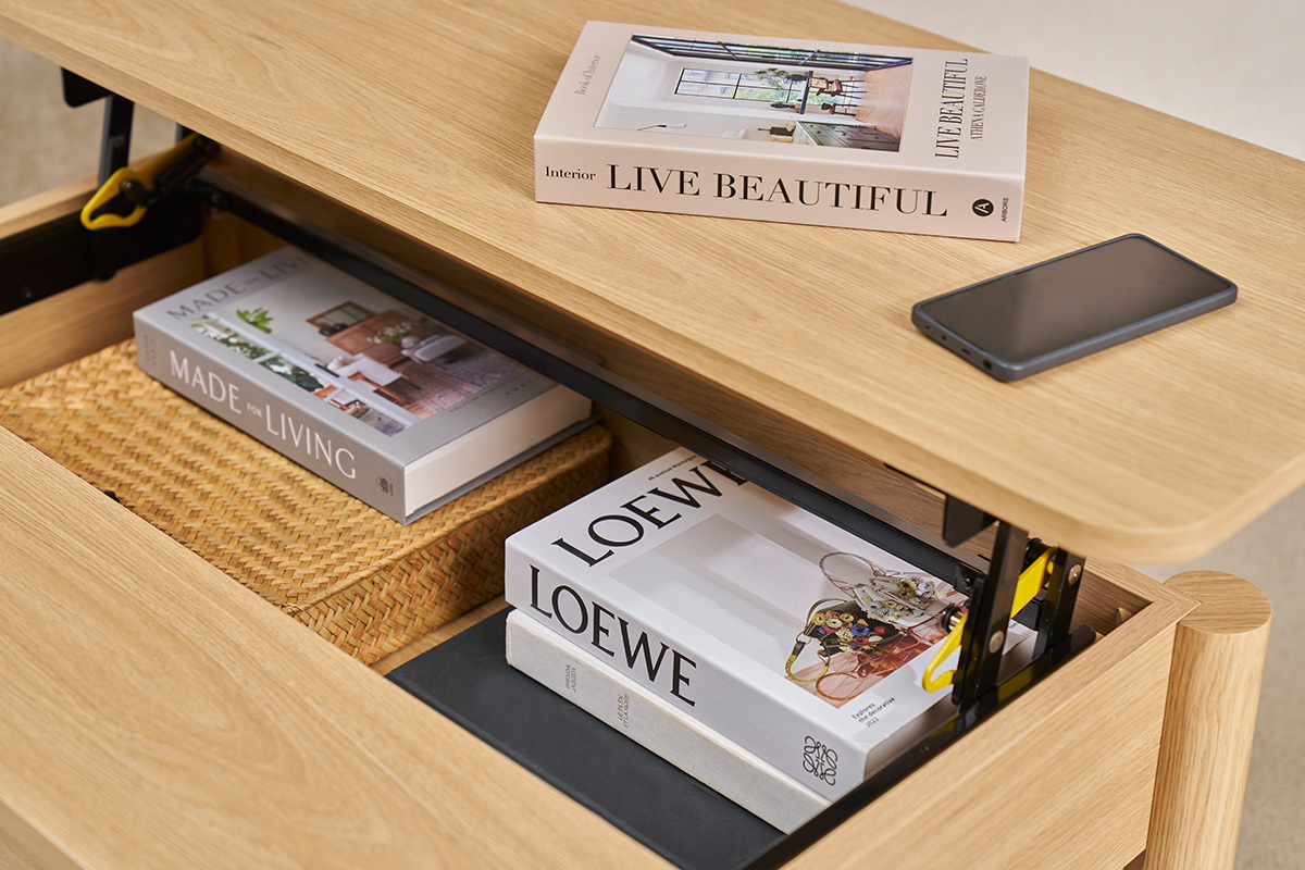 Mesa baja elevable acabado madera roble L100 cm BOLSO