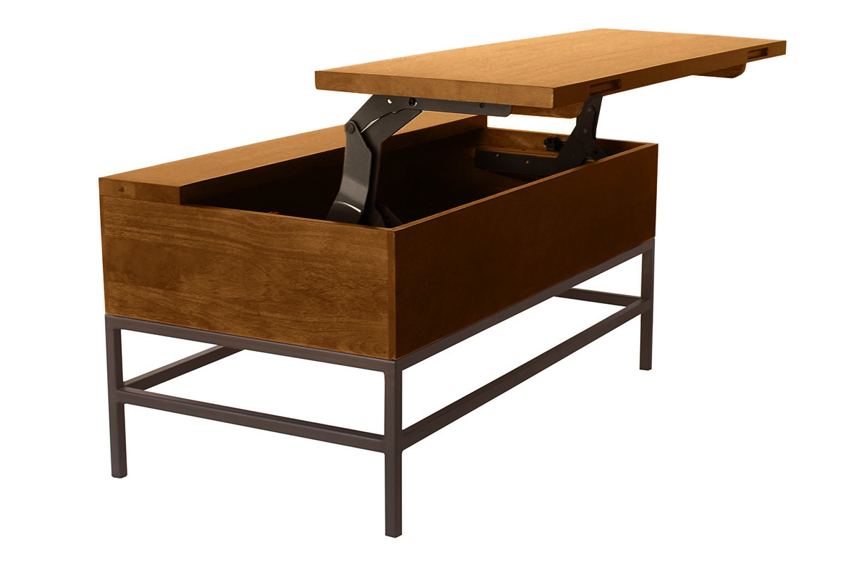 Mesa baja elevable industrial de madera de mango macizo tintada y metal negro L90 cm YPSTER