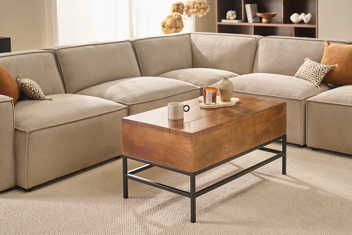 Mesa baja elevable industrial de madera de mango macizo tintada y metal negro L90 cm YPSTER