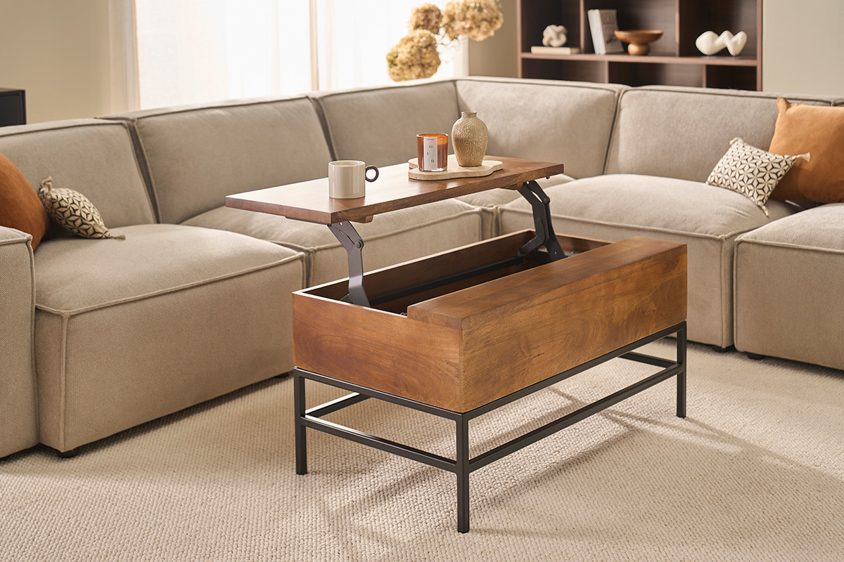 Mesa baja elevable industrial de madera de mango macizo tintada y metal negro L90 cm YPSTER