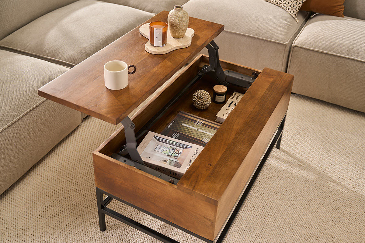 Mesa baja elevable industrial de madera de mango macizo tintada y metal negro L90 cm YPSTER