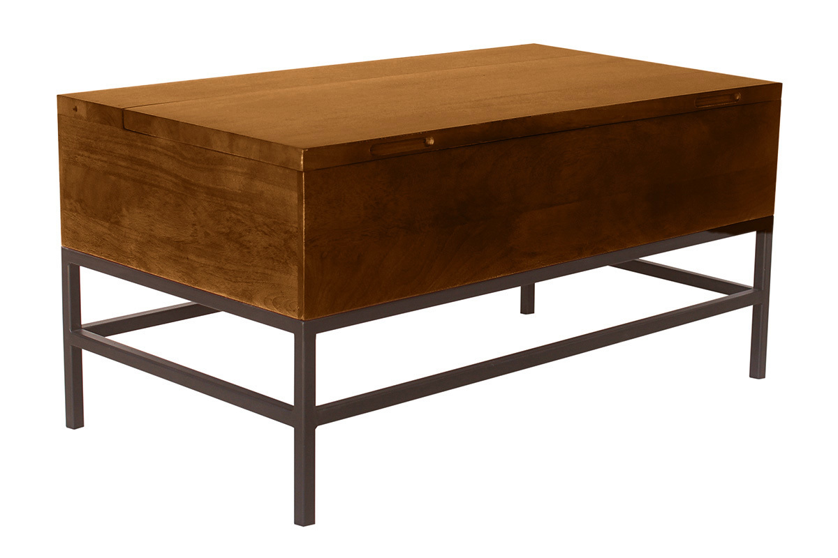 Mesa baja elevable industrial de madera de mango macizo tintada y metal negro L90 cm YPSTER