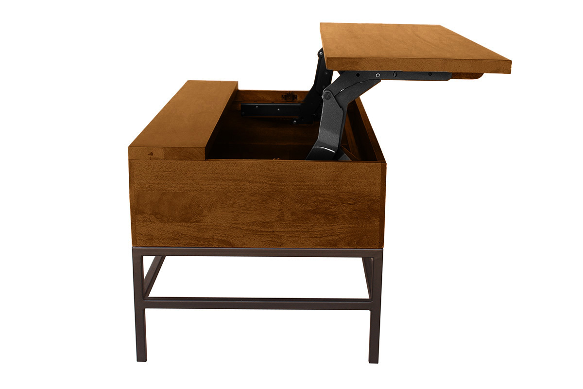 Mesa baja elevable industrial de madera de mango macizo tintada y metal negro L90 cm YPSTER