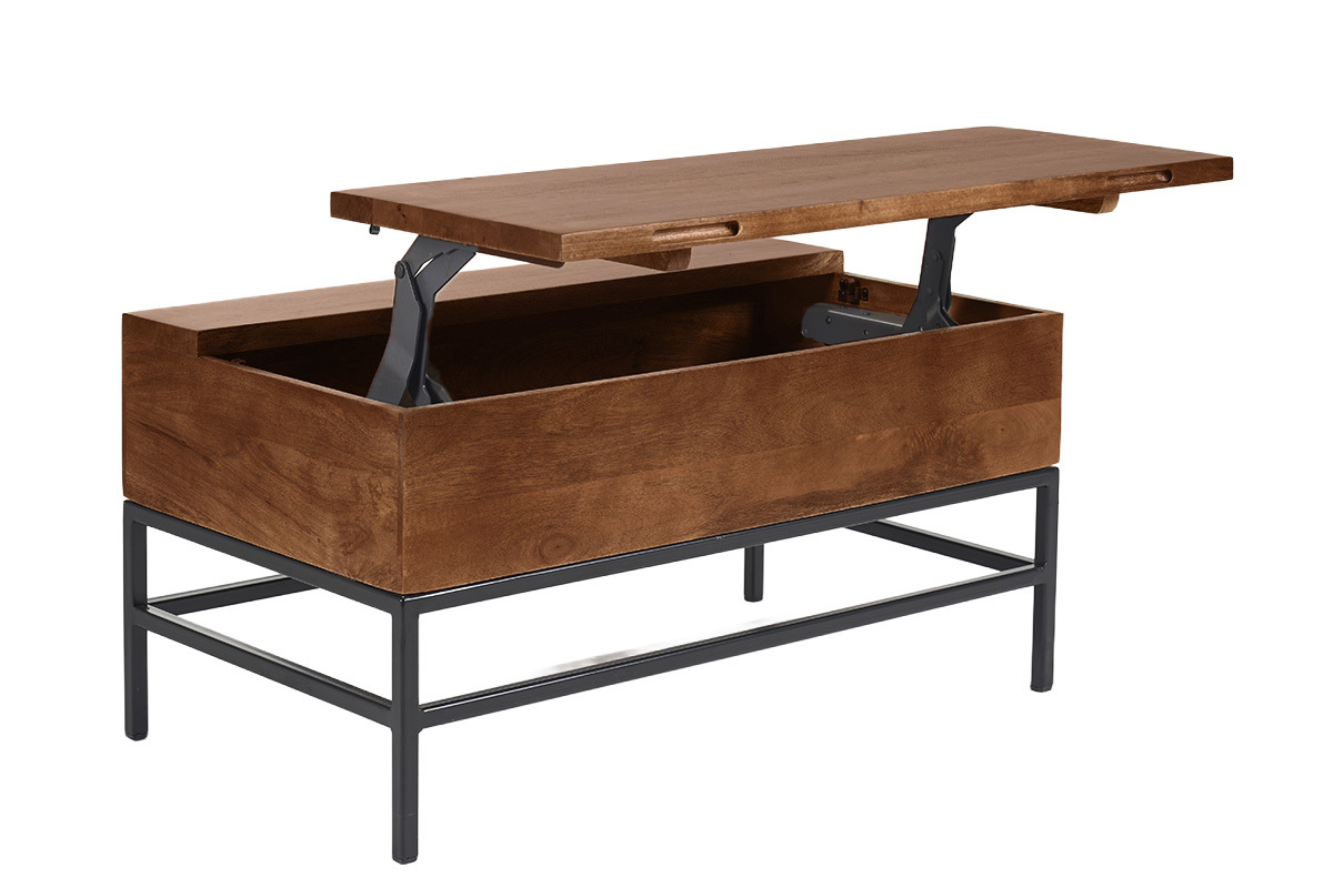 Mesa baja elevable industrial de madera de mango macizo tintada y metal negro L90 cm YPSTER